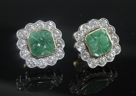 A pair of 14ct gold, carved jade and diamond set square earrings, 16mm.